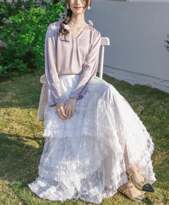 骨格ナチュラルフリルチュールティアードスカート