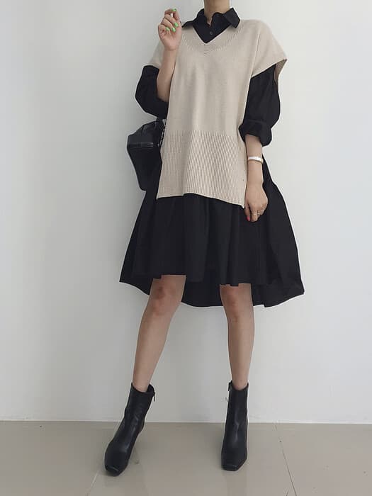 骨格ナチュラルシャツワンピース+ニットベストツーピースセット