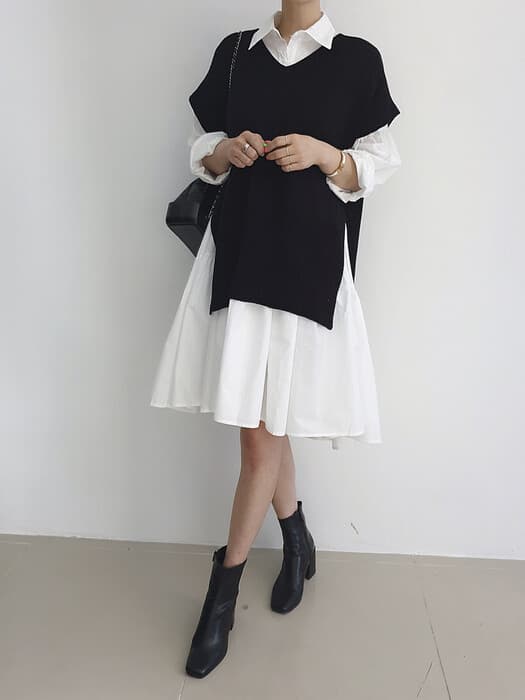骨格ナチュラルシャツワンピース+ニットベストツーピースセット