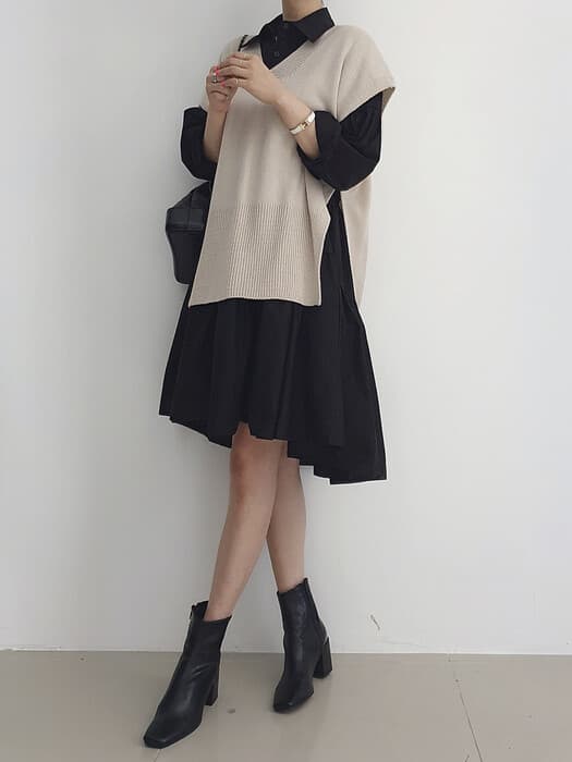 骨格ナチュラルシャツワンピース+ニットベストツーピースセット