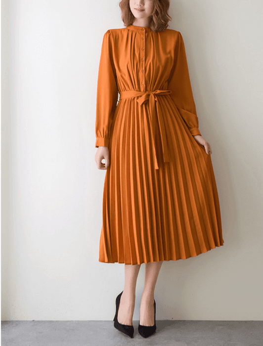 骨格ナチュラルプリーツロングワンピース