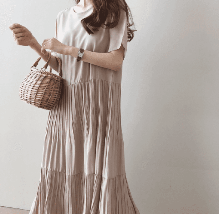 骨格ナチュラル半袖ティアードプリーツロングワンピース