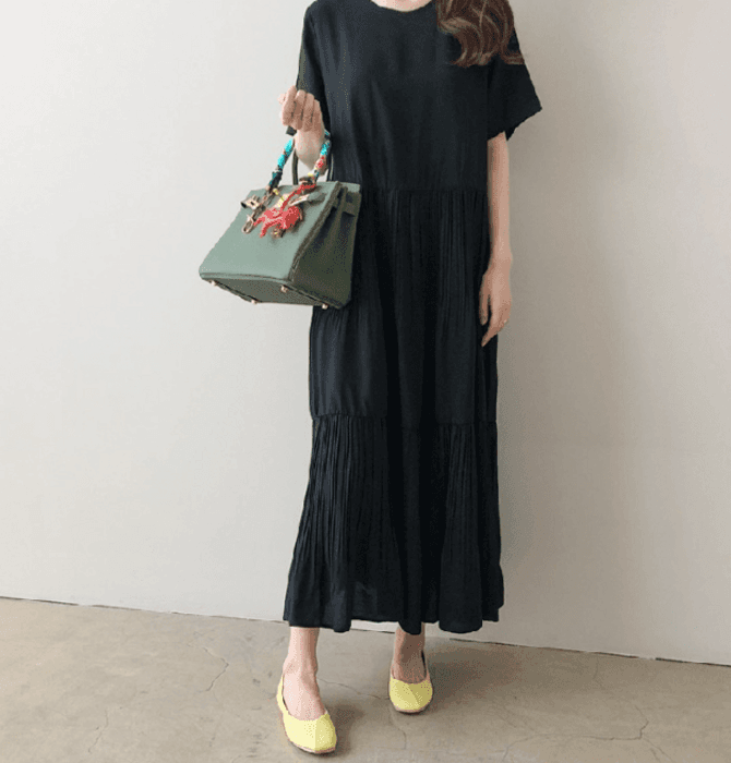 骨格ナチュラル半袖ティアードプリーツロングワンピース