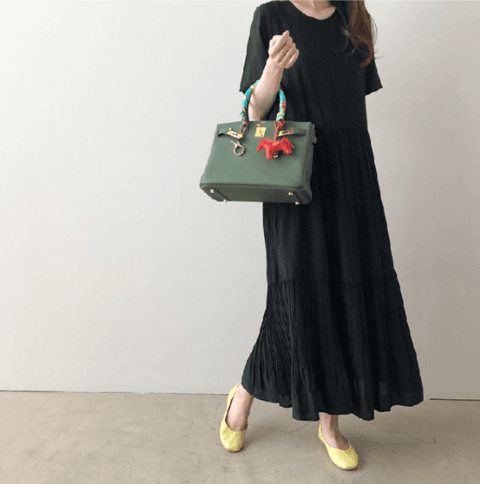 骨格ナチュラル半袖ティアードプリーツロングワンピース