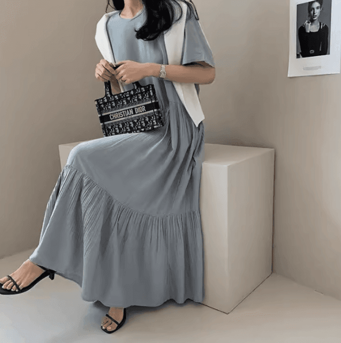 骨格ナチュラル半袖ティアードプリーツロングワンピース