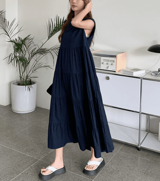 骨格ナチュラルノースリーブティアードワンピース