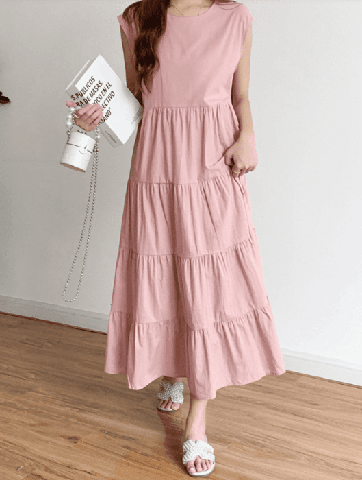 骨格ナチュラルノースリーブティアードワンピース