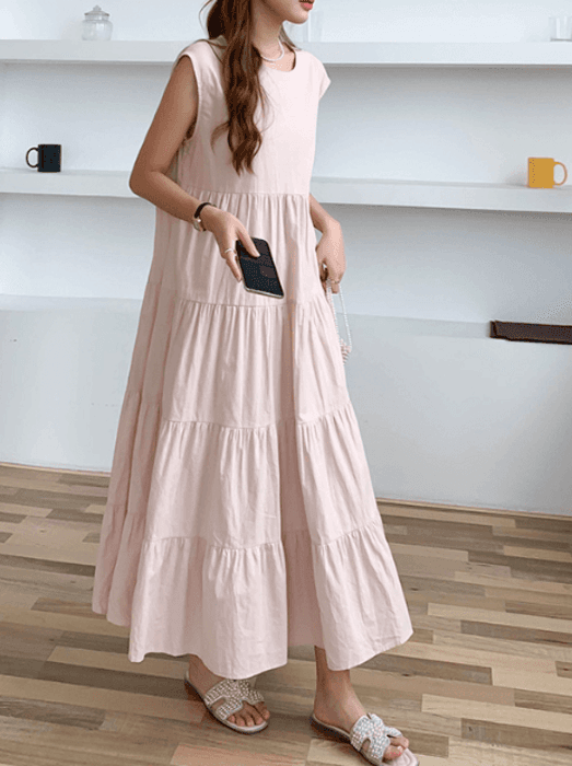 骨格ナチュラルノースリーブティアードワンピース