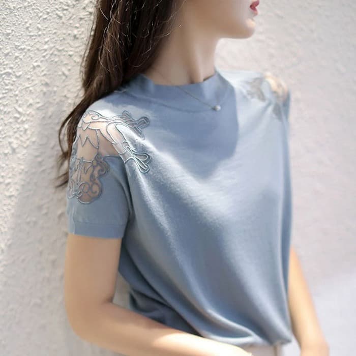 骨格ナチュラルショルダーレースTシャツトップス