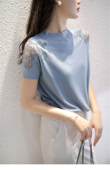 骨格ナチュラルショルダーレースTシャツトップス