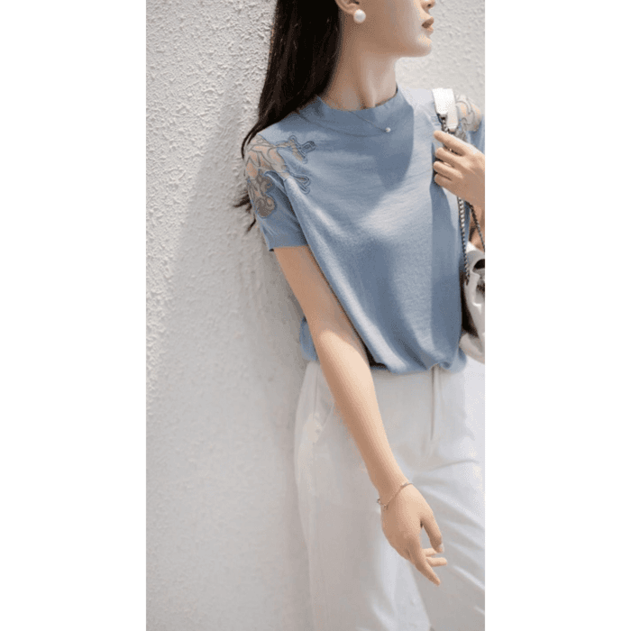 骨格ナチュラルショルダーレースTシャツトップス