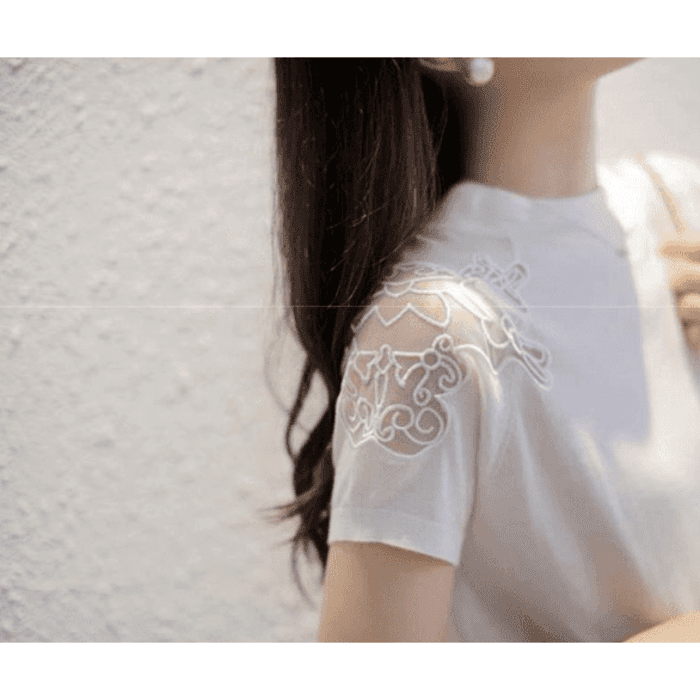 骨格ナチュラルショルダーレースTシャツトップス