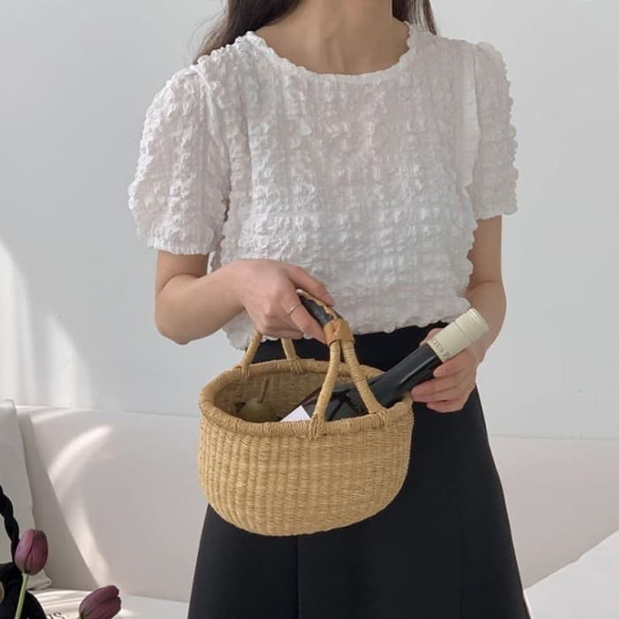 骨格ナチュラルパフスリーブ半袖ブラウストップス